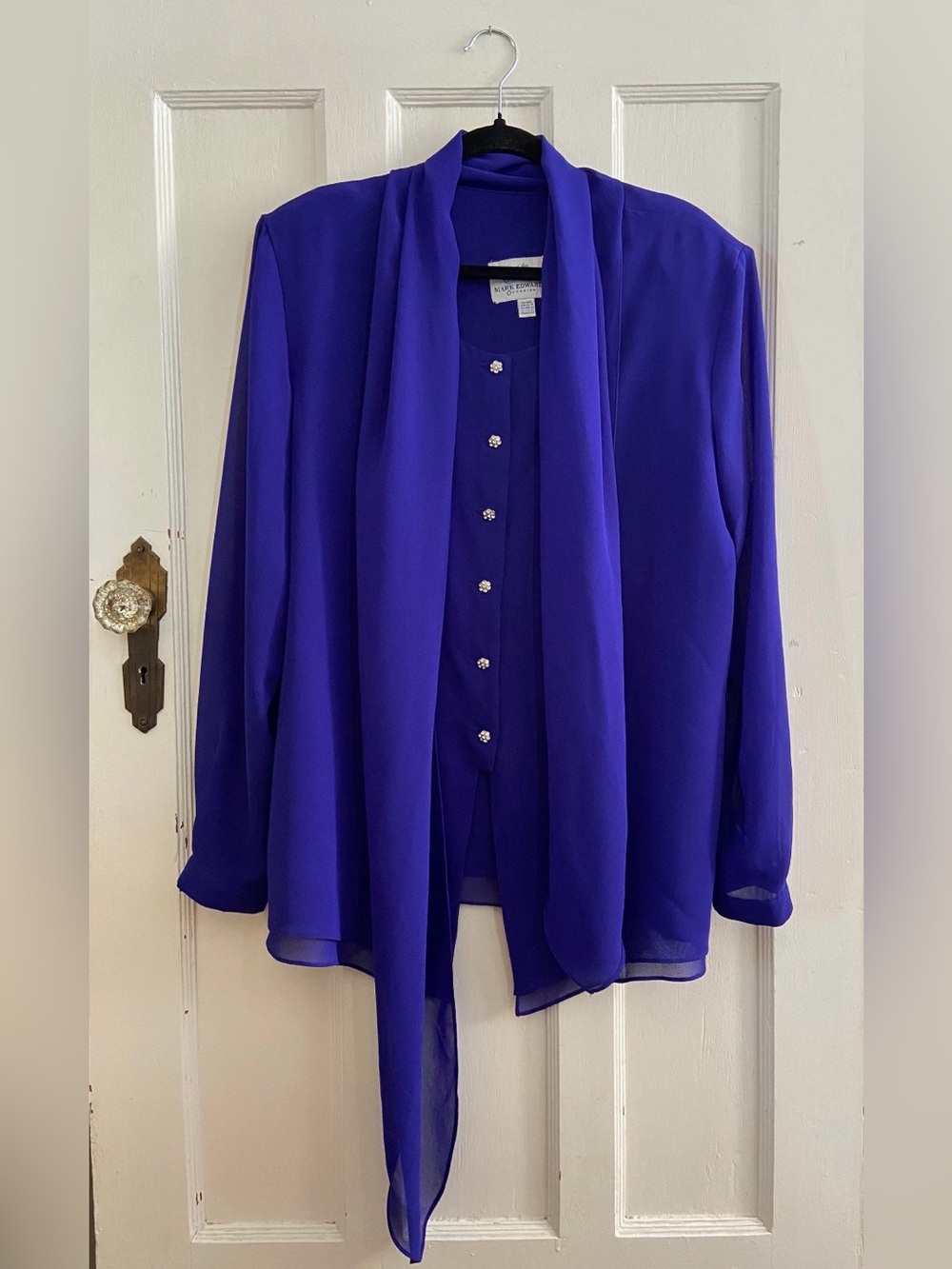 MARK EDWARDS Vintage 1980s-1990s Pussybow Royal Purple Blouse